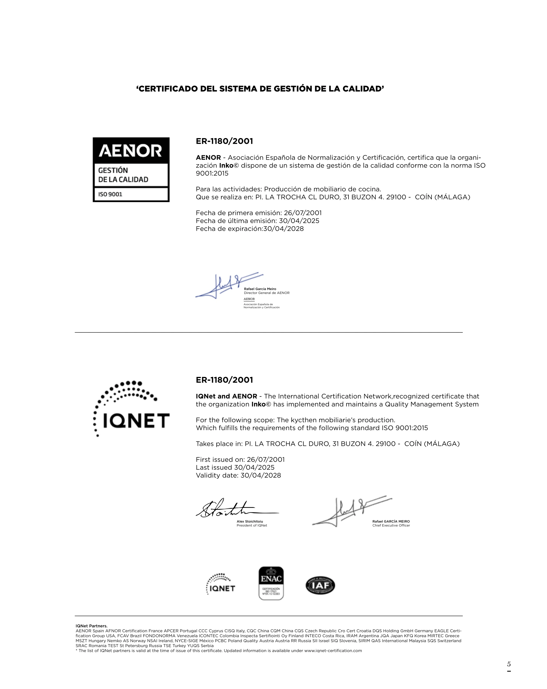 Página 5 del catálogo técnico Inko (ed. 24-jun-2026), sección certificados