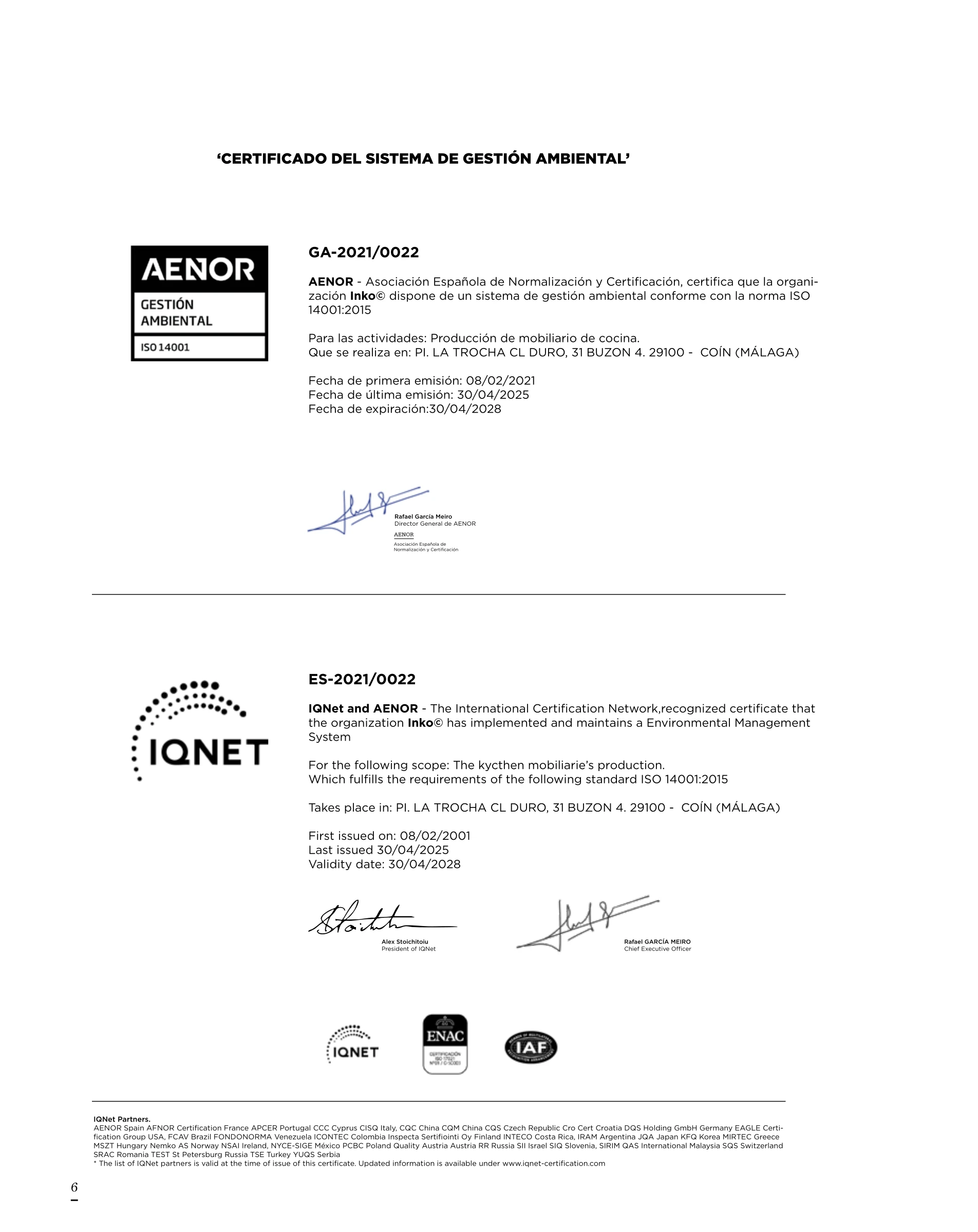 Página 6 del catálogo técnico Inko (ed. 24-jun-2026), sección certificados