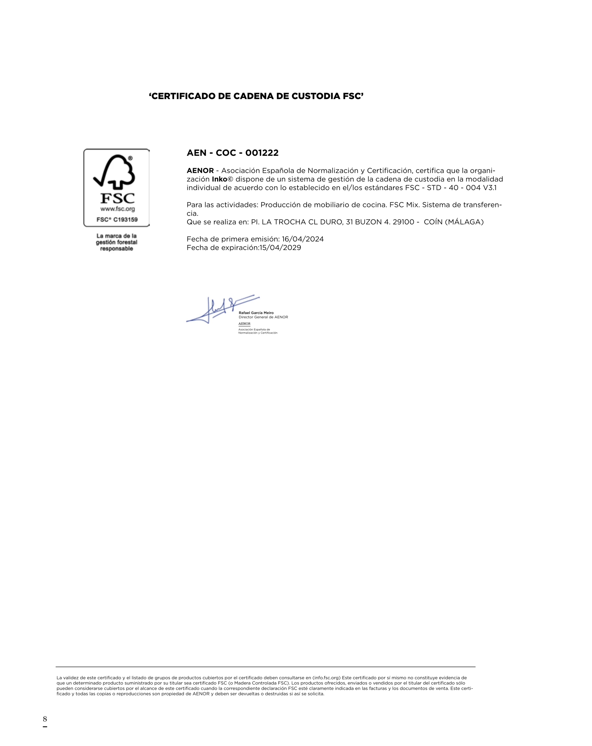 Página 8 del catálogo técnico Inko (ed. 24-jun-2026), sección certificados