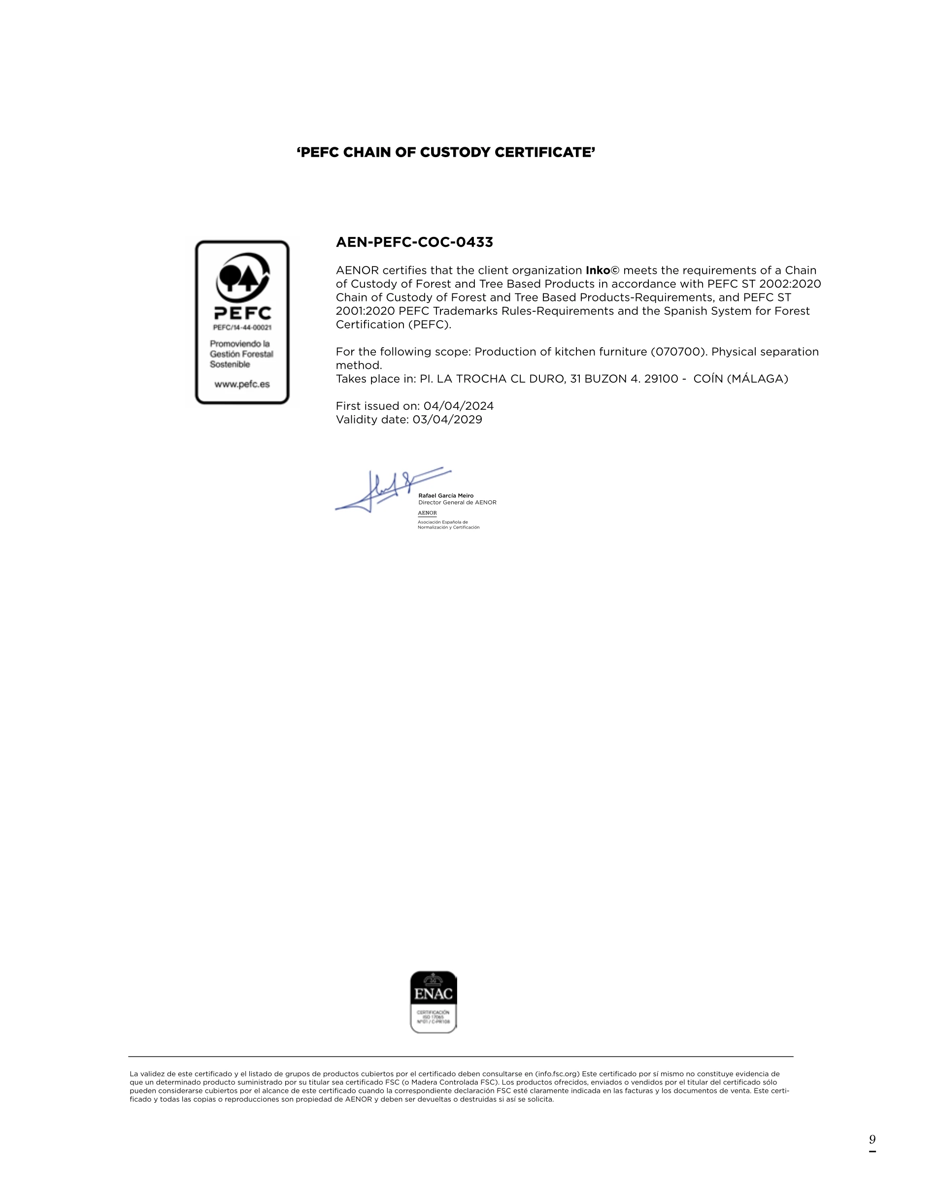 Página 9 del catálogo técnico Inko (ed. 24-jun-2026), sección certificados